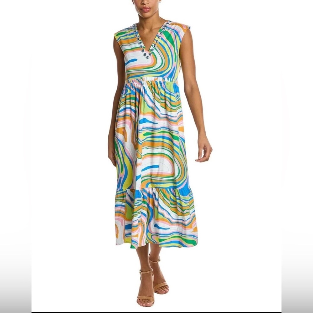 Sheridan French Clare dress In blue marble.Multicolor V-Neck Midi Dress